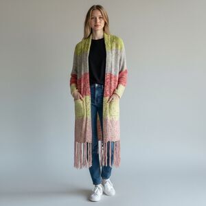 ANTHROPOLOGIE 525 America Boho Cardigan Sweater Colorful FRINGE FESTIVAL S